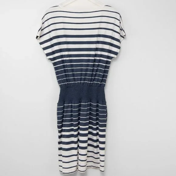 White House Black Market Short Sleeve Smocked Dress Stripe Blue White Size Small - Picture 2 of 5